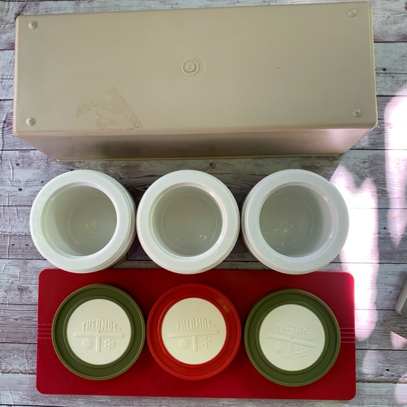 Vintage Thermos Insulated Jars #1155/3 Red Green Picnic Slide Lid Container - Picture 9 of 12